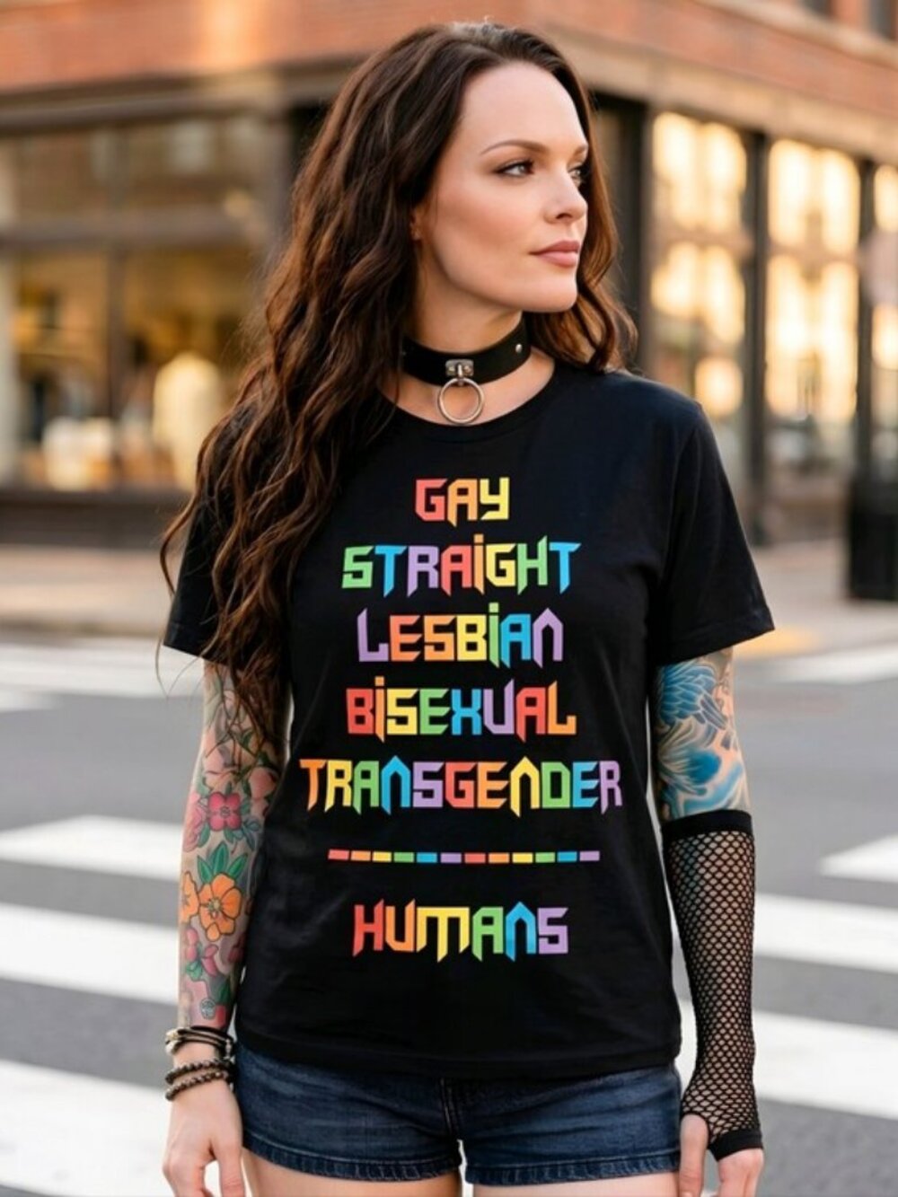 Club Exx ✦ Human Nature Glitter Tee ✦ Black Rainbow Pride Graphic Crew Neck L